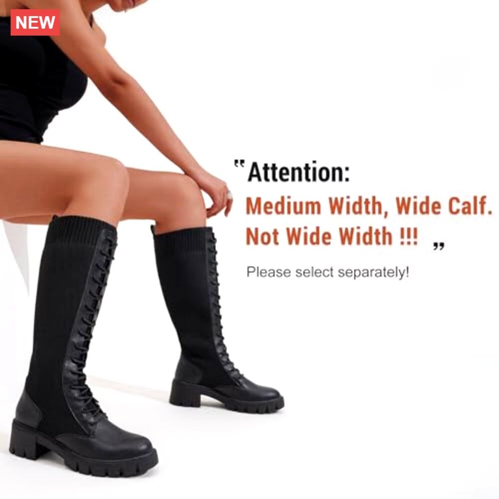 Women's Knee High Combat Boots Chunky Platform Heel Lace Up Work Boots - Picture 3 of 7